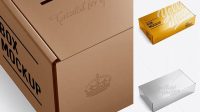 9442+ Metallic Carton Box PSD Mockup Half Side View high-angle shot PSD Free Download