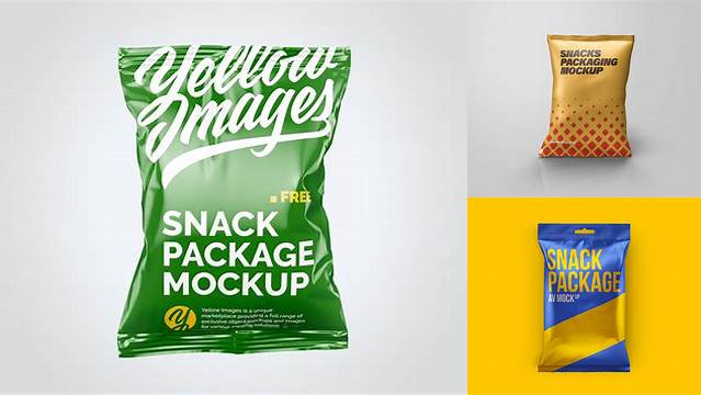 9451+ Metallic Snack Pack PSD Mockup Half Side View High Angle Shot Free Photoshop Mockup Design