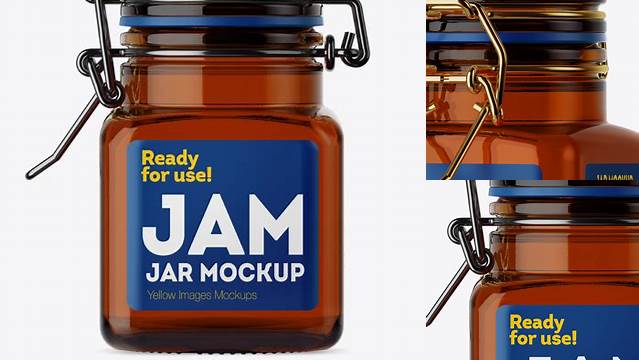 9457+ 100ml Amber Glass Jam Jar with Clamp Lid PSD Mockup Halfside View Editable Photoshop Free Mockup