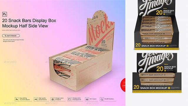 9491+ 20 Kraft Snack Bars Display Box PSD Mockup Halfside View High-Angle Shot Editable Mockup PSD