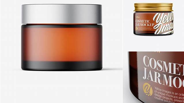 951+ Amber Glass Cosmetic Jar with Metallic Cap PSD Mockup Front View high Angle Shot Premium Mockup Freebie