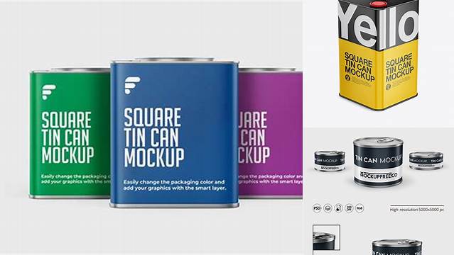 9524+ Glossy Square Tin Can PSD Mockup Exclusive Free Photoshop Asset