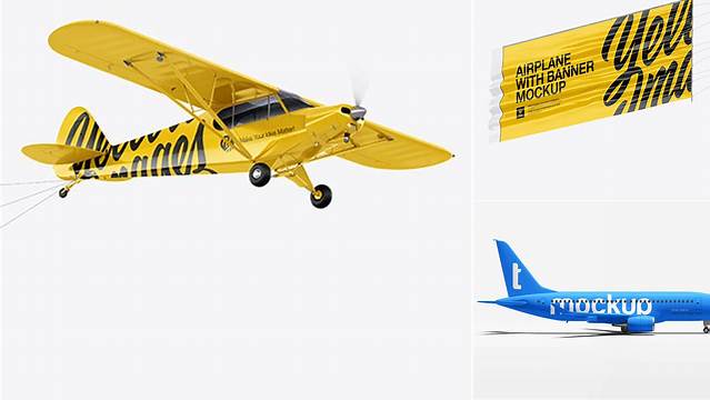 9525+ Airplane With Long Banner PSD Mockup Half Side View Hero Shot Modern Design PSD Resource Free Download