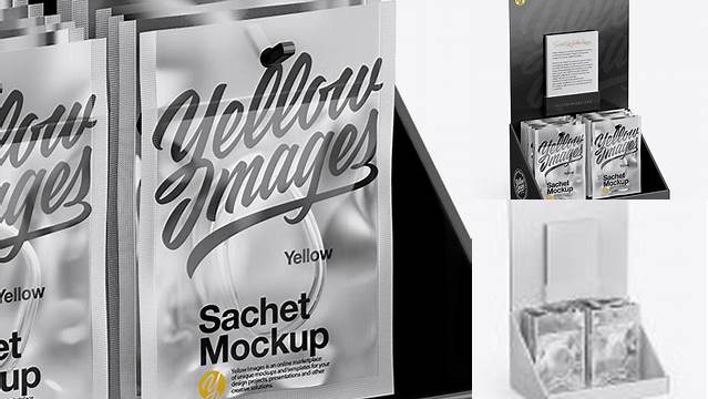 9545+ Display with Sachets PSD Mockup Half Side View High Angle Shot Creative Layered Design File