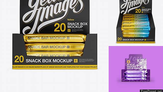 9546+ 20 Metallic Snack Bars Display Box PSD Mockup Front View Advanced Editable Template Free