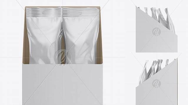 9550+ 10x Sachets Opened Box PSD Mockup Front/Right/Left/Back Views Elegant PSD Mockup