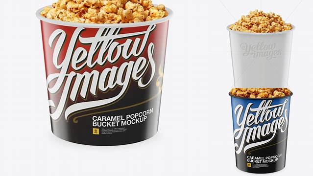 9551+ Glossy Bucket with Caramel Popcorn PSD Mockup High-Angle Shot Photoshop PSD Free for Designers