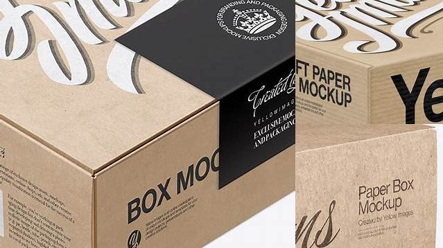 9551+ Kraft Box with Label PSD Mockup Half Side View High-Angle Shot Creative Free PSD Graphic Design