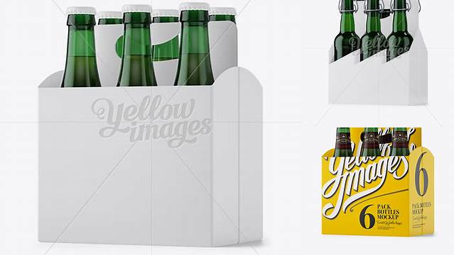 9583+ Paper 6 Pack Green Bottle Carrier PSD Mockup Halfside View Editable Graphic Free PSD