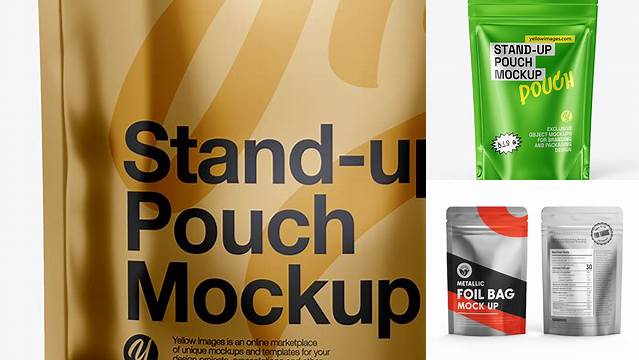 9591+ Metallic Stand Up Pouch with Zipper PSD Mockup Front View Free Editable Photoshop Template