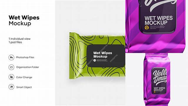 9616+ Metallic Wet Wipe Pack PSD Mockup Half Side View High Angle Shot Professional PSD Mockup