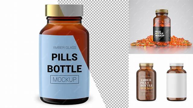 9617+ Amber Pills Bottle PSD Mockup Front View Custom PSD Mockup Template