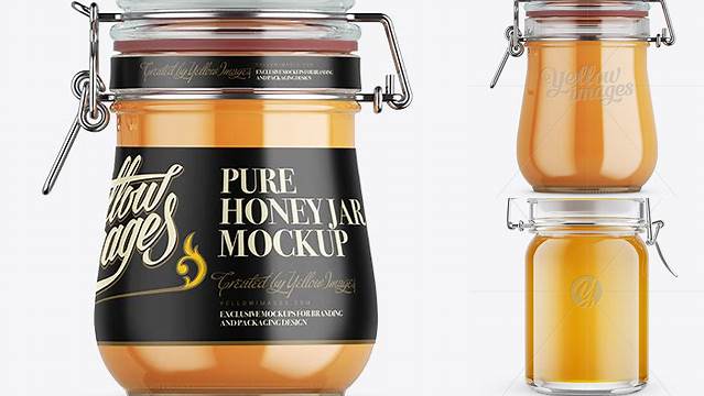 9628+ Honey Jar with Clamp Lid PSD Mockup Side View Fully Layered Photoshop Freebie