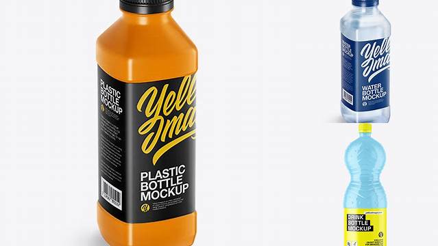 9631+ Glossy PET Bottle PSD Mockup Half Side View High-Angle Shot Unique and Editable PSD