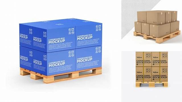 9649+ Wooden Pallet With 8 Cardboard Boxes PSD Mockup Front View High-Quality Digital Mockup Resource