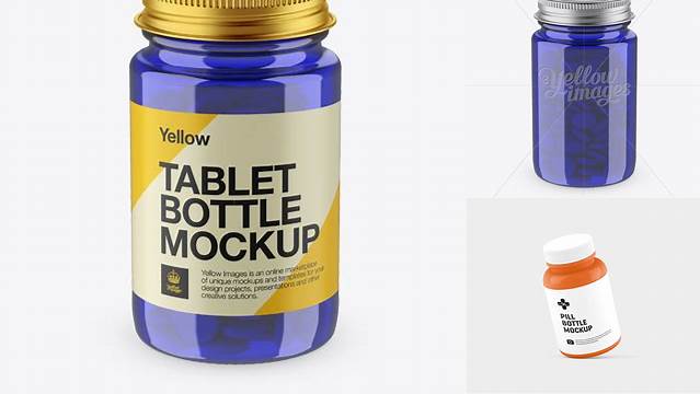 9651+ Blue Pill Bottle with Metal Cap PSD Mockup High-Angle Shot Custom Graphic Resource Free Download