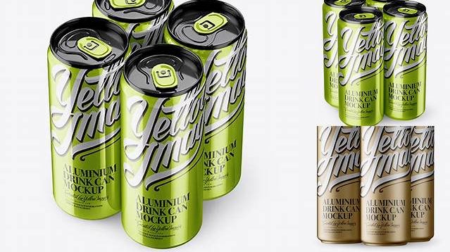 9679+ 4 Metallic Aluminium Cans PSD Mockup Half Side View High Angle Shot Elegant Photoshop Mockup