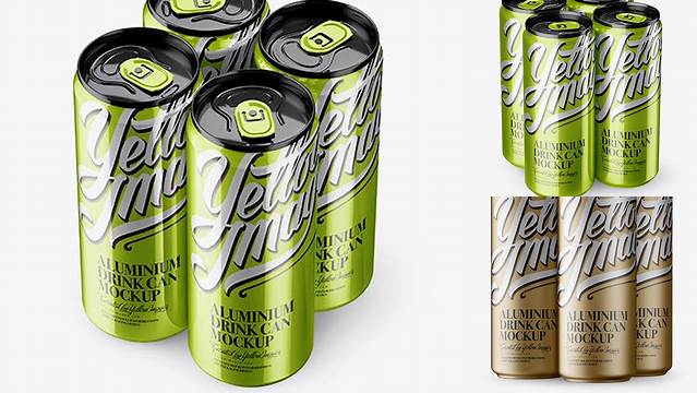 9679+ 4 Metallic Aluminium Cans PSD Mockup Half Side View High Angle Shot Elegant Photoshop Mockup