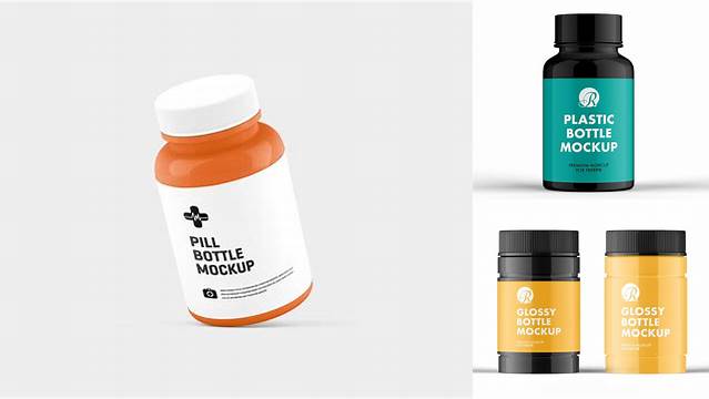 9686+ Glossy Pill Bottle PSD Mockup High-Angle Shot High-End Creative PSD Template