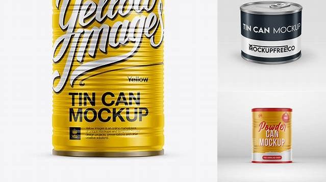 9688+ Metallic Tin Can PSD Mockup Eye-Level Shot Advanced and Editable PSD Template Free