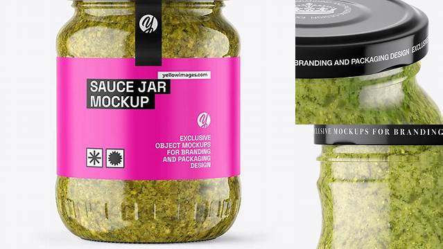 9706+ Clear Glass Jar with Pesto Sauce PSD Mockup High-Angle Shot Exclusive Free Photoshop Asset