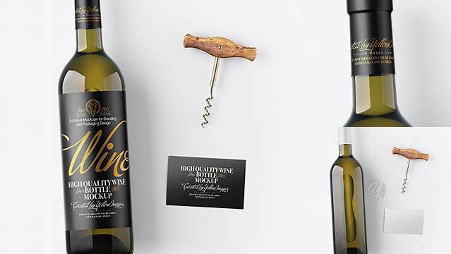 9707+ Antique Green Wine Bottle with Corkscrew and Card PSD Mockup Exclusive Editable PSD File