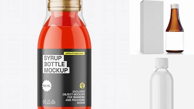 9708+ Clear Glass Yellow Syrup Bottle PSD Mockup Customizable Design Files