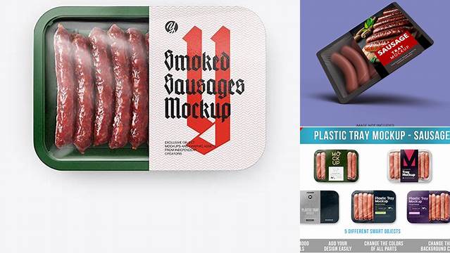 9735+ Plastic Tray With Sausages PSD Mockup Top View Editable Design PSD File