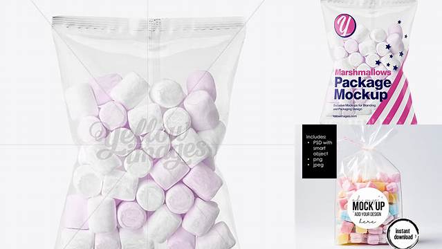 9738+ Glossy Plastic Bag with ?olored Marshmallows PSD Mockup Smart Editable Design Mockup