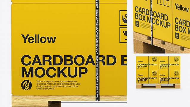 9742+ Wooden Pallet With Strapped Carton Box PSD Mockup Side View Creative Layered Mockup Freebie