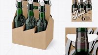 9754+ Kraft Paper 6 Pack Green Bottle Carrier PSD Mockup Halfside View High-Angle Shot Exclusive Editable PSD File