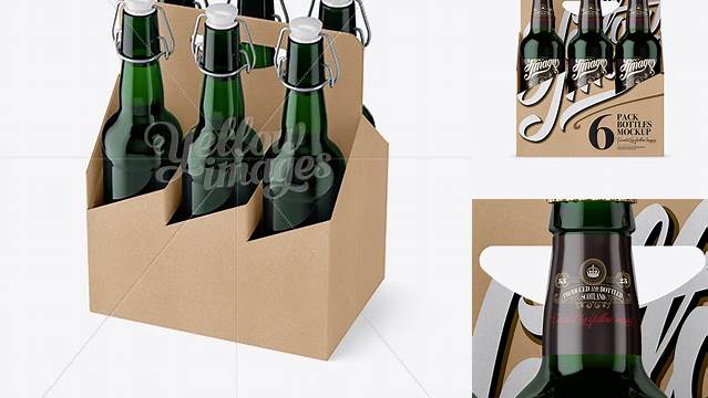 9754+ Kraft Paper 6 Pack Green Bottle Carrier PSD Mockup Halfside View High-Angle Shot Exclusive Editable PSD File