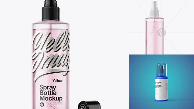 9759+ Opened Clear Spray Bottle with Pink Liquid PSD Mockup Free Smart Object Templates