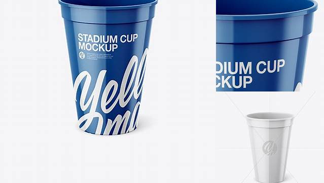 9761+ Glossy Stadium Cup PSD Mockup Front View High Angle Shot Editable and Customizable PSD