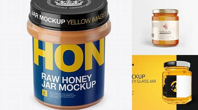 9765+ Glass Raw Honey Jar PSD Mockup High-Angle Shot Professional PSD Mockup