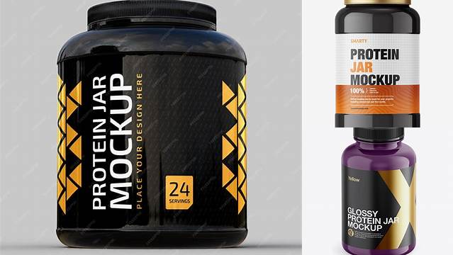 9768+ Glossy Protein Jar PSD Mockup Front View High-Angle Shot High-Resolution Editable PSD