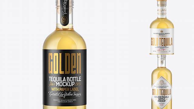 9769+ Tequila Gold Bottle with Wooden Cap PSD Mockup Customizable PSD Templates