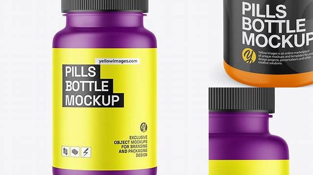 977+ Matte Plastic Pills Bottle PSD Mockup Front View High-Angle Shot High-End Creative PSD Template