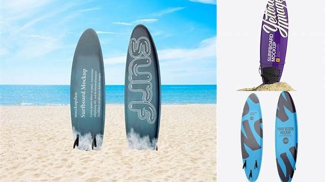 9789+ Glossy Surfboard in Sand PSD Mockup Front View Free Creative Design