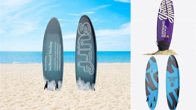 9789+ Glossy Surfboard in Sand PSD Mockup Front View Free Creative Design