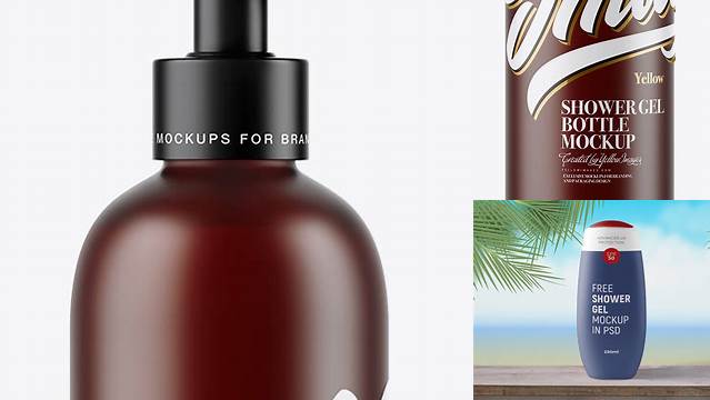 9795+ Frosted Amber Shower Gel Bottle with Pump PSD Mockup Creative Free PSD Graphic Design