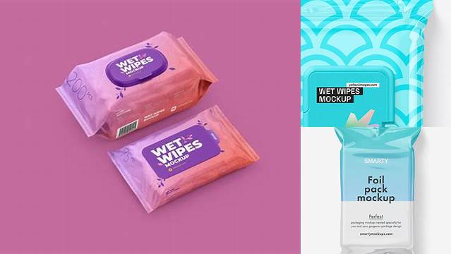 9798+ Glossy Wet Wipe Pack PSD Mockup Half Side View High Angle Shot Editable and Customizable PSD