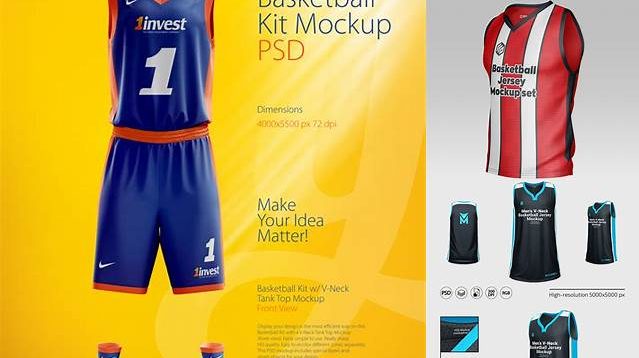 9799+ Basketball Kit with V-Neck Tank Top PSD Mockup Front View Editable Graphic Design Files