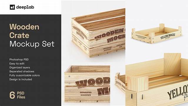 9808+ Empty Wooden Crate PSD Mockup Half Side View High-Angle Shot Modern Free PSD Template