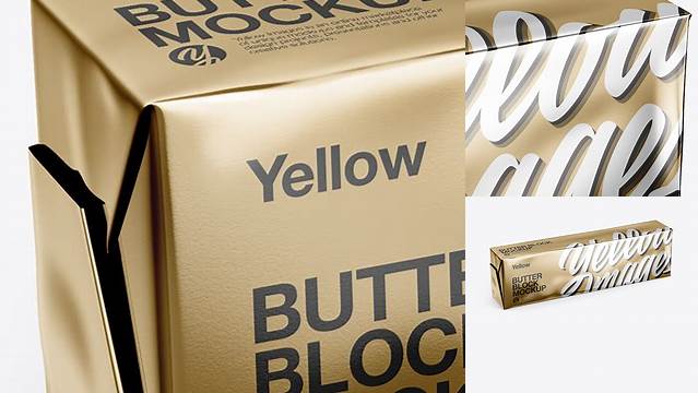 9816+ 100g Metallic Butter Block PSD Mockup Half Side View High-Angle Shot Stylish PSD for Free