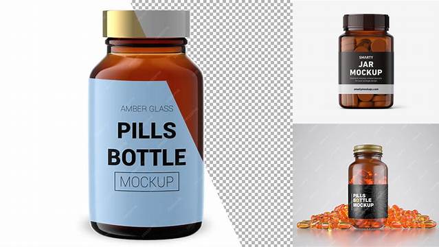 9825+ Amber Pills Bottle PSD Mockup Front View Photoshop Freebie