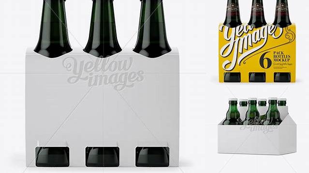 9827+ White Paper 6 Pack Green Glass Bottle Carrier PSD Mockup Halfside View High-Angle Shot Download Free Editable PSD Template