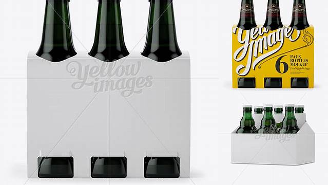 9827+ White Paper 6 Pack Green Glass Bottle Carrier PSD Mockup Halfside View High-Angle Shot Download Free Editable PSD Template