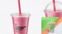 9831+ Plastic Cup with Strawberry Smoothie and Straw PSD Mockup Fully Customizable Mockup PSD Free