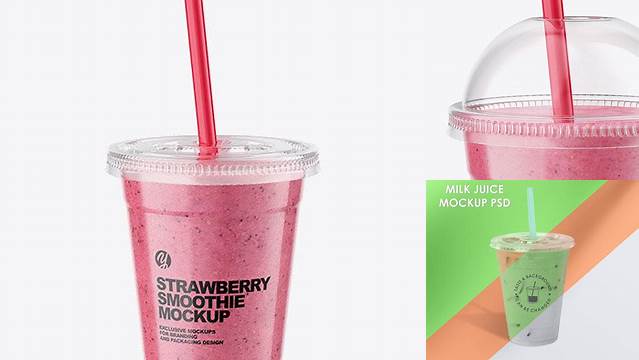 9831+ Plastic Cup with Strawberry Smoothie and Straw PSD Mockup Fully Customizable Mockup PSD Free